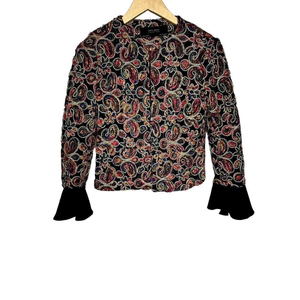 ZARA Women's Paisley Textured Semi-Sheer Blazer/Jacket Black/Red Size Medium